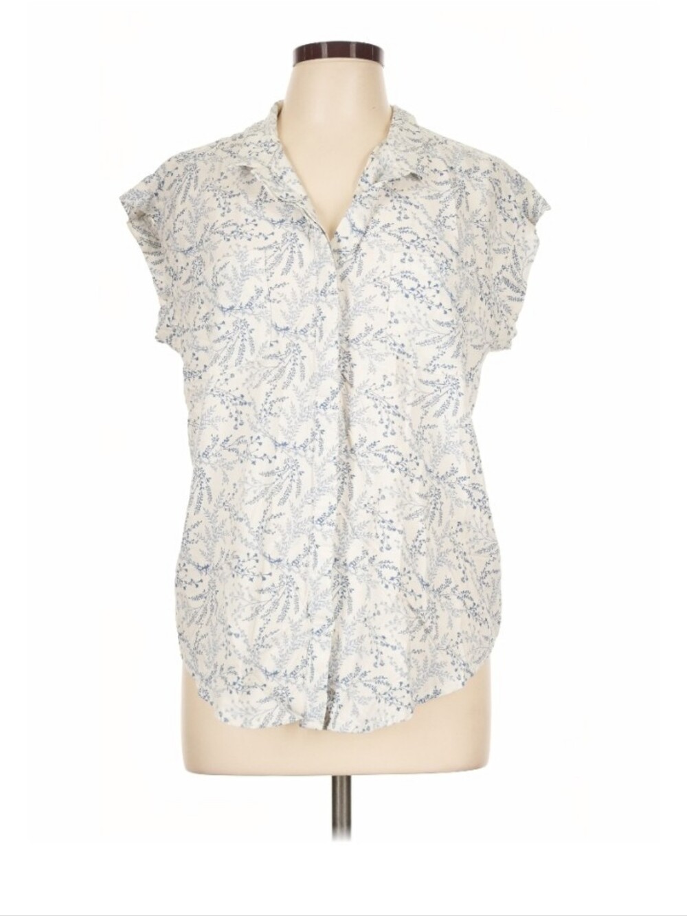 Jachs Girlfriend Classic Button Up White & Blue Floral Cap-Sleeve Blouse XL